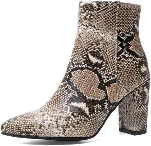 Elbslutt Women's Snake Print Booties Pointy Toe Chunky Heeled Zip Up Ankle Boots