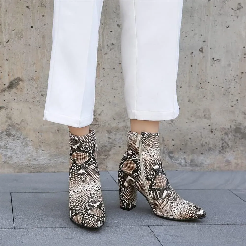 Elbslutt Women's Snake Print Booties Pointy Toe Chunky Heeled Zip Up Ankle Boots