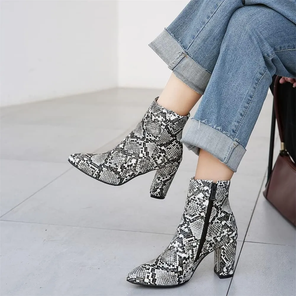 Elbslutt Women's Snake Print Booties Pointy Toe Chunky Heeled Zip Up Ankle Boots