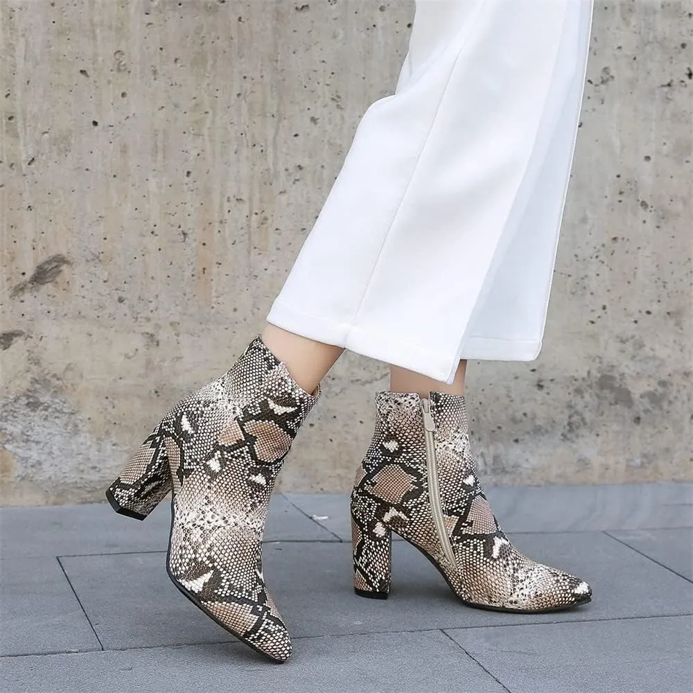 Elbslutt Women's Snake Print Booties Pointy Toe Chunky Heeled Zip Up Ankle Boots