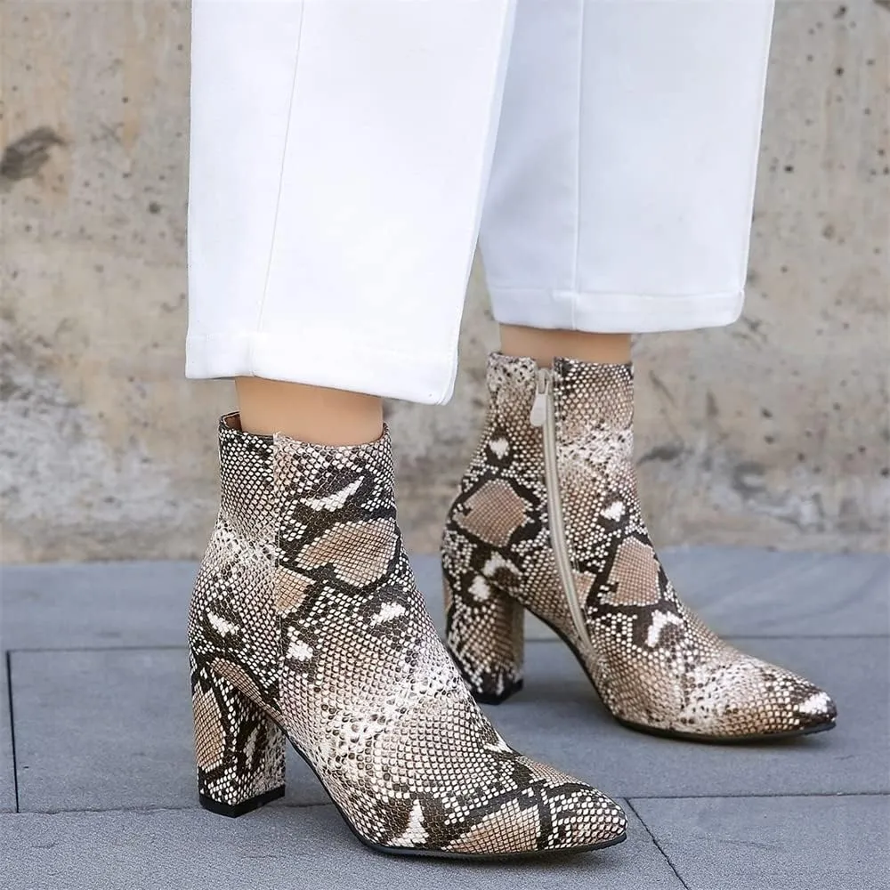 Elbslutt Women's Snake Print Booties Pointy Toe Chunky Heeled Zip Up Ankle Boots