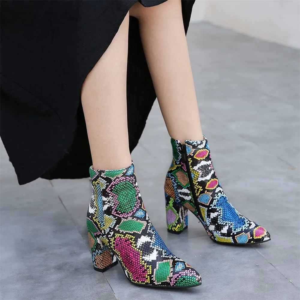 Elbslutt Women's Snake Print Booties Pointy Toe Chunky Heeled Zip Up Ankle Boots