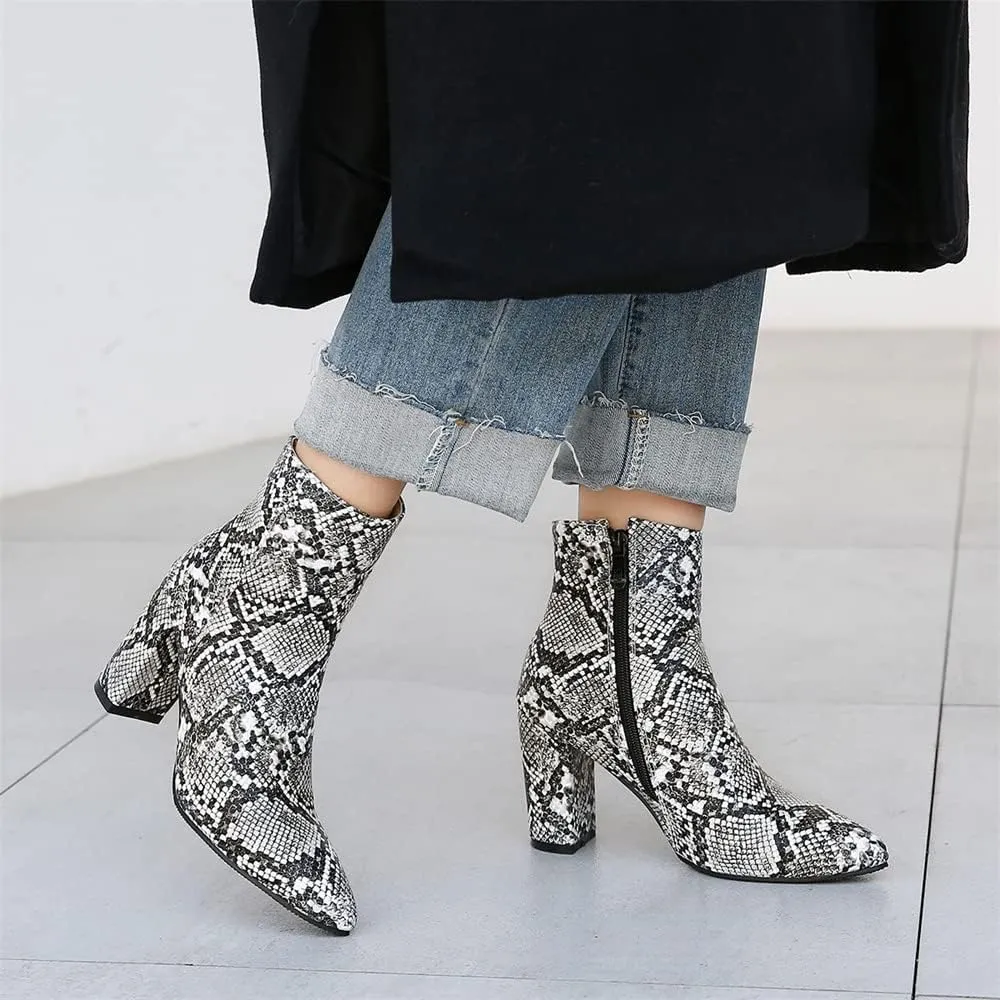 Elbslutt Women's Snake Print Booties Pointy Toe Chunky Heeled Zip Up Ankle Boots