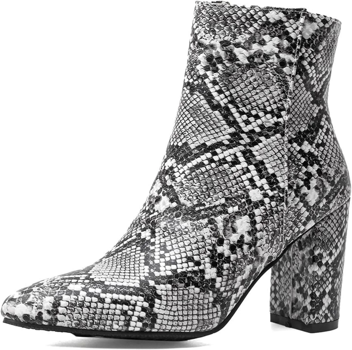 Elbslutt Women's Snake Print Booties Pointy Toe Chunky Heeled Zip Up Ankle Boots