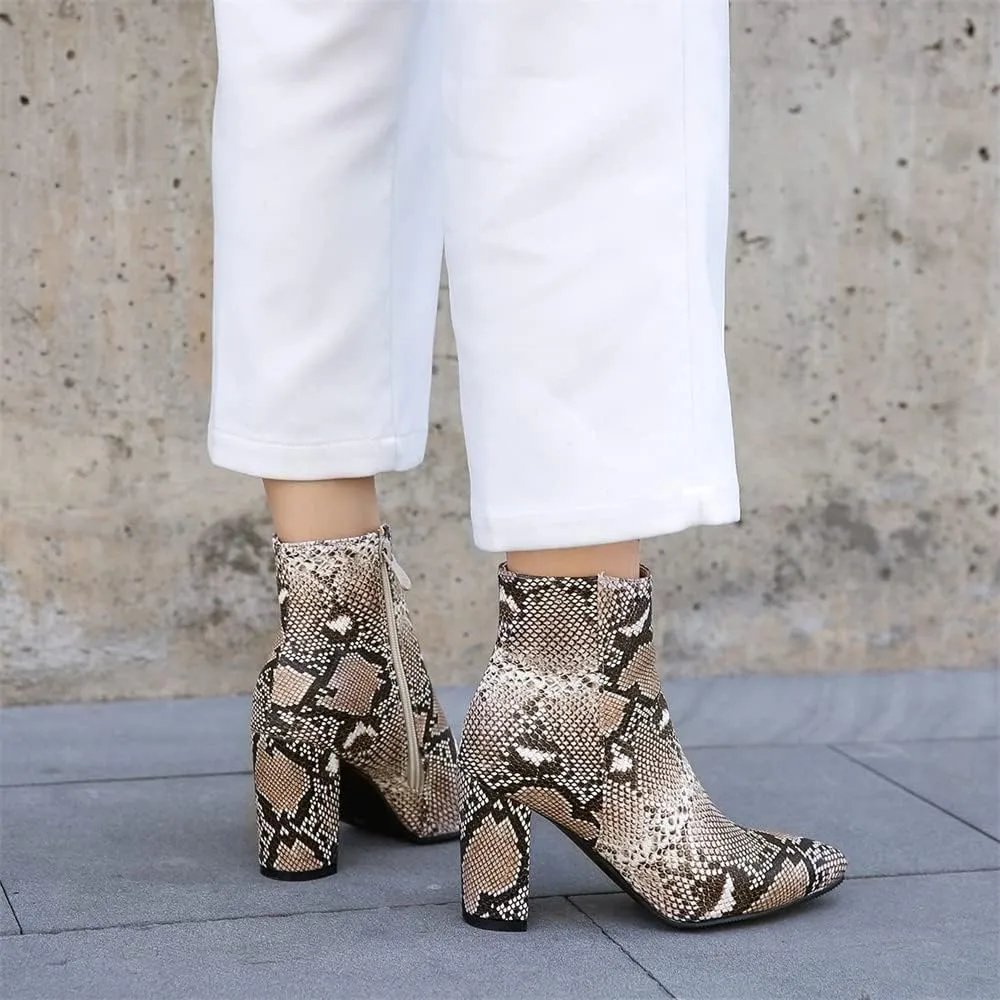Elbslutt Women's Snake Print Booties Pointy Toe Chunky Heeled Zip Up Ankle Boots