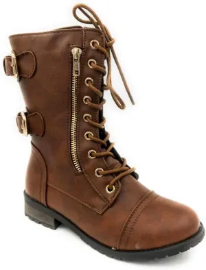 Forever Women's Mango-71 Faux Leather Military Style Ankle Boots Thick Sole Buckles,Brown,10