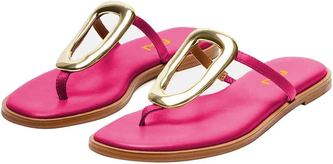 FSJ Women Open Toe Flat Thong Sandals T-Strap Gold Detail Flip Flops Slip-On Slides Casual Summer Beach Fashion Slippers Size 4-16 US