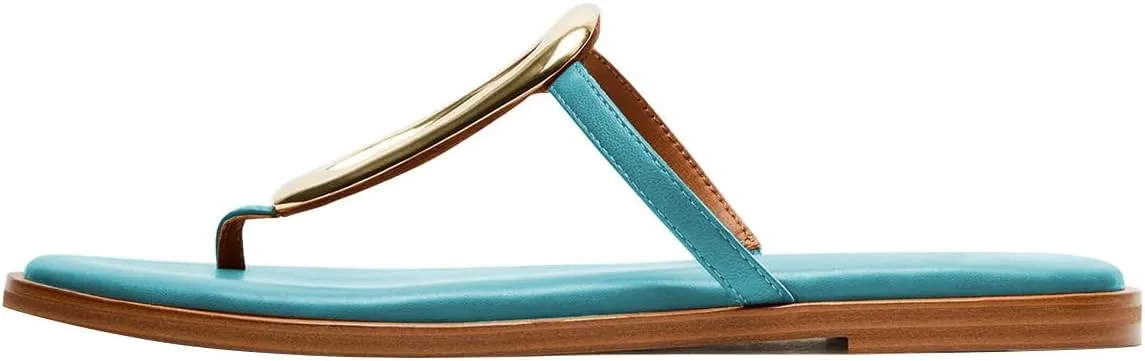 FSJ Women Open Toe Flat Thong Sandals T-Strap Gold Detail Flip Flops Slip-On Slides Casual Summer Beach Fashion Slippers Size 4-16 US