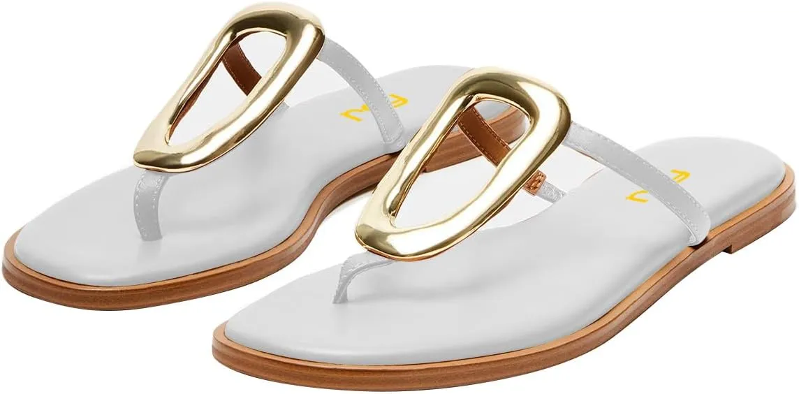 FSJ Women Open Toe Flat Thong Sandals T-Strap Gold Detail Flip Flops Slip-On Slides Casual Summer Beach Fashion Slippers Size 4-16 US