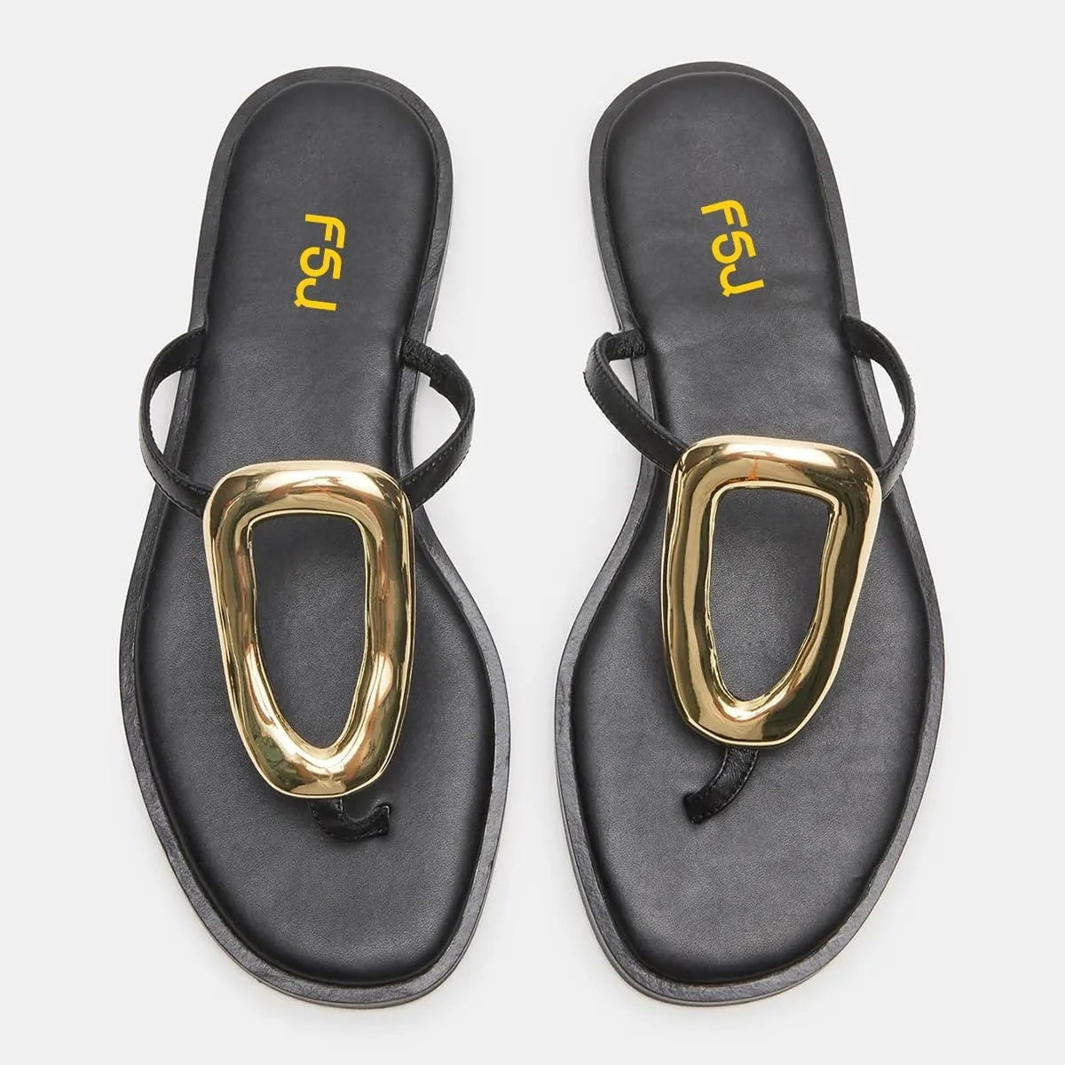 FSJ Women Open Toe Flat Thong Sandals T-Strap Gold Detail Flip Flops Slip-On Slides Casual Summer Beach Fashion Slippers Size 4-16 US
