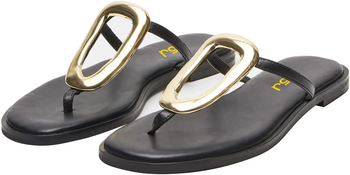 FSJ Women Open Toe Flat Thong Sandals T-Strap Gold Detail Flip Flops Slip-On Slides Casual Summer Beach Fashion Slippers Size 4-16 US