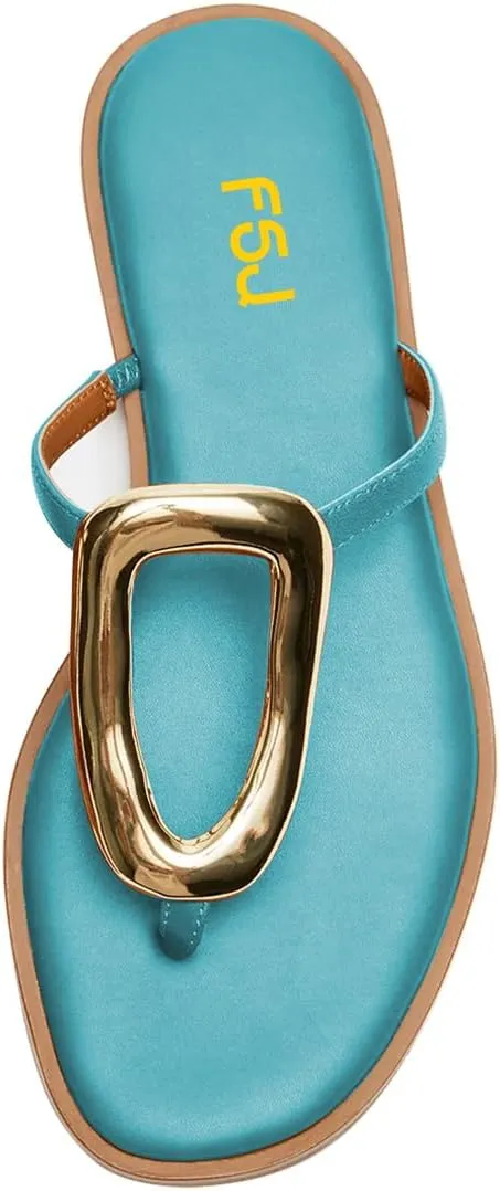 FSJ Women Open Toe Flat Thong Sandals T-Strap Gold Detail Flip Flops Slip-On Slides Casual Summer Beach Fashion Slippers Size 4-16 US