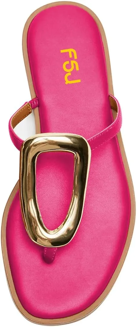 FSJ Women Open Toe Flat Thong Sandals T-Strap Gold Detail Flip Flops Slip-On Slides Casual Summer Beach Fashion Slippers Size 4-16 US