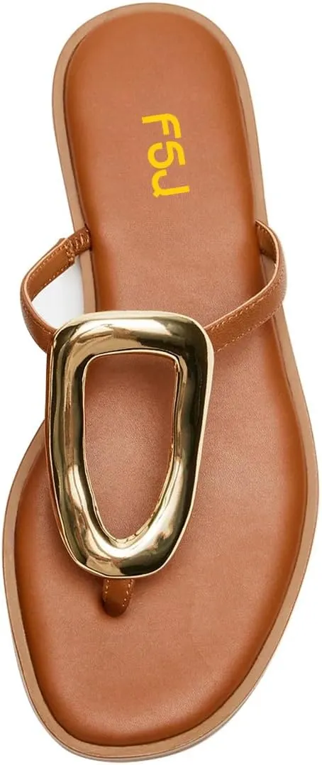 FSJ Women Open Toe Flat Thong Sandals T-Strap Gold Detail Flip Flops Slip-On Slides Casual Summer Beach Fashion Slippers Size 4-16 US