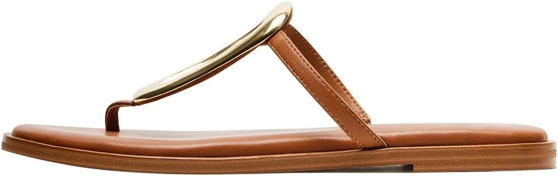 FSJ Women Open Toe Flat Thong Sandals T-Strap Gold Detail Flip Flops Slip-On Slides Casual Summer Beach Fashion Slippers Size 4-16 US