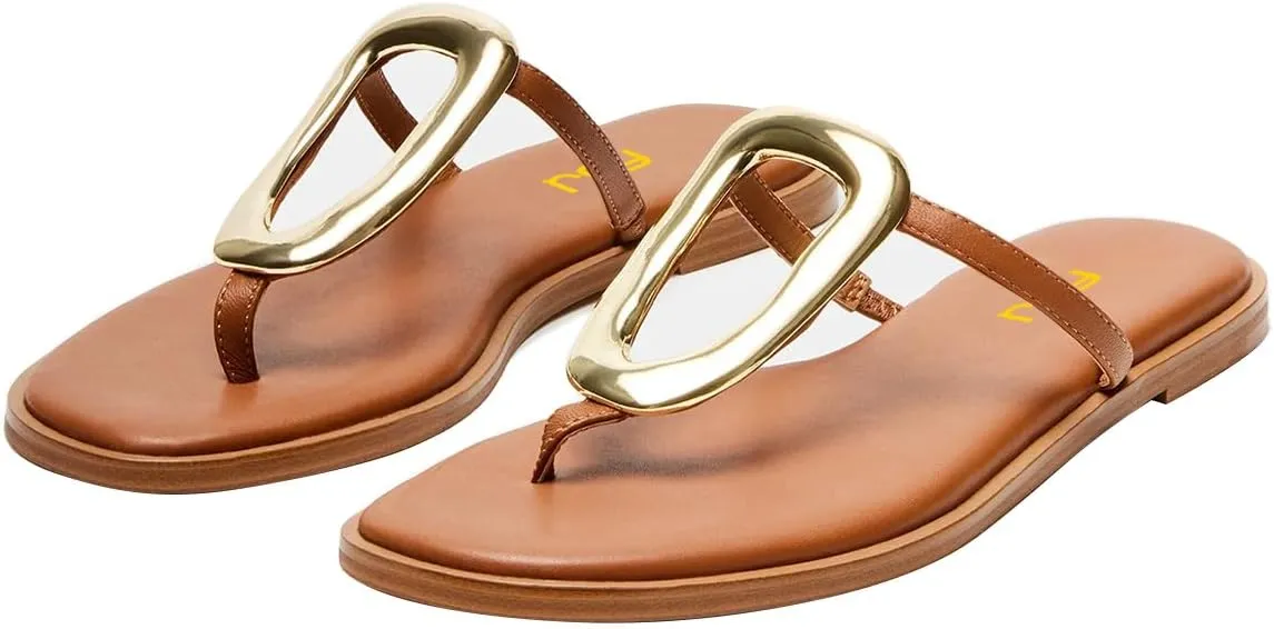 FSJ Women Open Toe Flat Thong Sandals T-Strap Gold Detail Flip Flops Slip-On Slides Casual Summer Beach Fashion Slippers Size 4-16 US