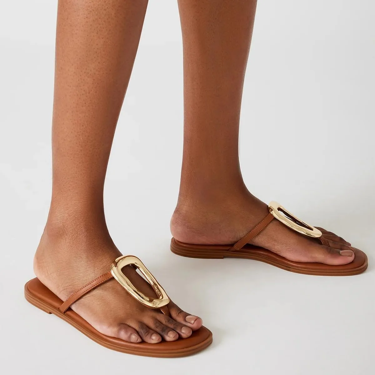 FSJ Women Open Toe Flat Thong Sandals T-Strap Gold Detail Flip Flops Slip-On Slides Casual Summer Beach Fashion Slippers Size 4-16 US