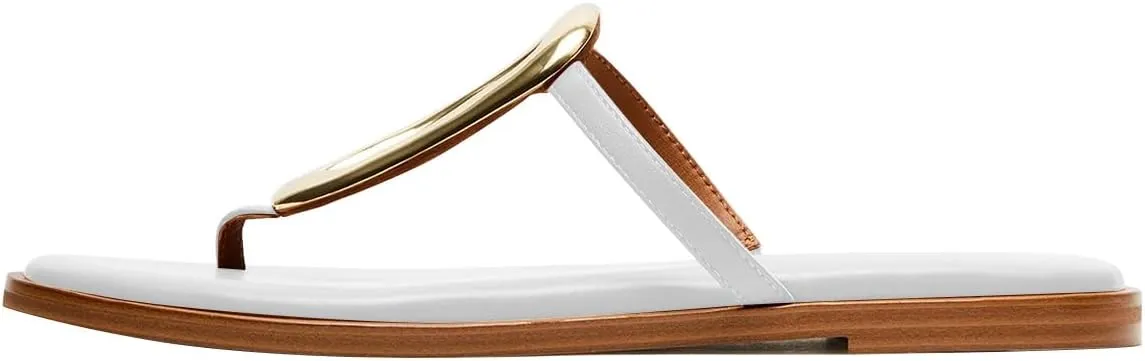 FSJ Women Open Toe Flat Thong Sandals T-Strap Gold Detail Flip Flops Slip-On Slides Casual Summer Beach Fashion Slippers Size 4-16 US