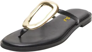 FSJ Women Open Toe Flat Thong Sandals T-Strap Gold Detail Flip Flops Slip-On Slides Casual Summer Beach Fashion Slippers Size 4-16 US