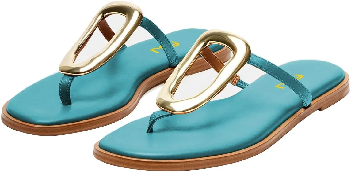 FSJ Women Open Toe Flat Thong Sandals T-Strap Gold Detail Flip Flops Slip-On Slides Casual Summer Beach Fashion Slippers Size 4-16 US