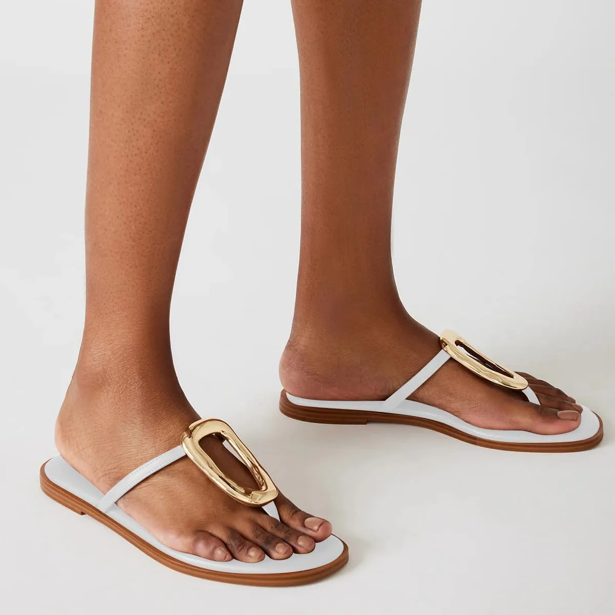 FSJ Women Open Toe Flat Thong Sandals T-Strap Gold Detail Flip Flops Slip-On Slides Casual Summer Beach Fashion Slippers Size 4-16 US