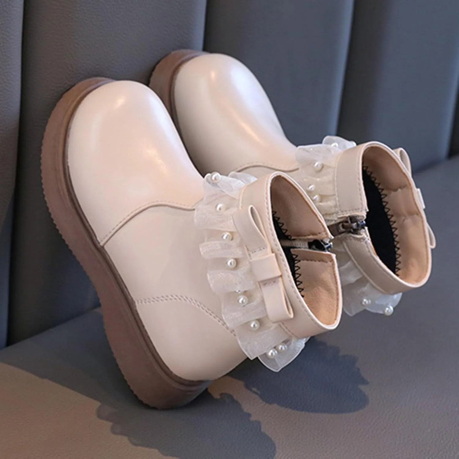 Girl Leather Ankle Boots Side Zipper Low Calf Boots Sort Thick Sole Non Slip Boots Winter Casual Walking Boots