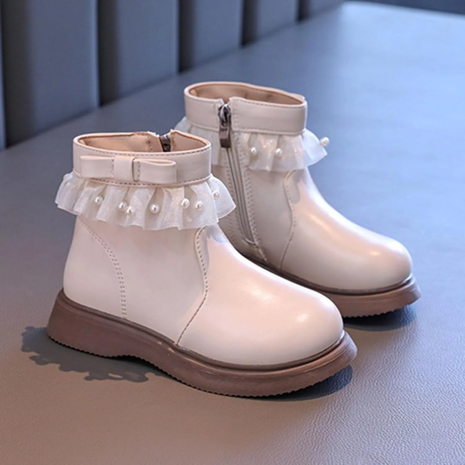 Girl Leather Ankle Boots Side Zipper Low Calf Boots Sort Thick Sole Non Slip Boots Winter Casual Walking Boots