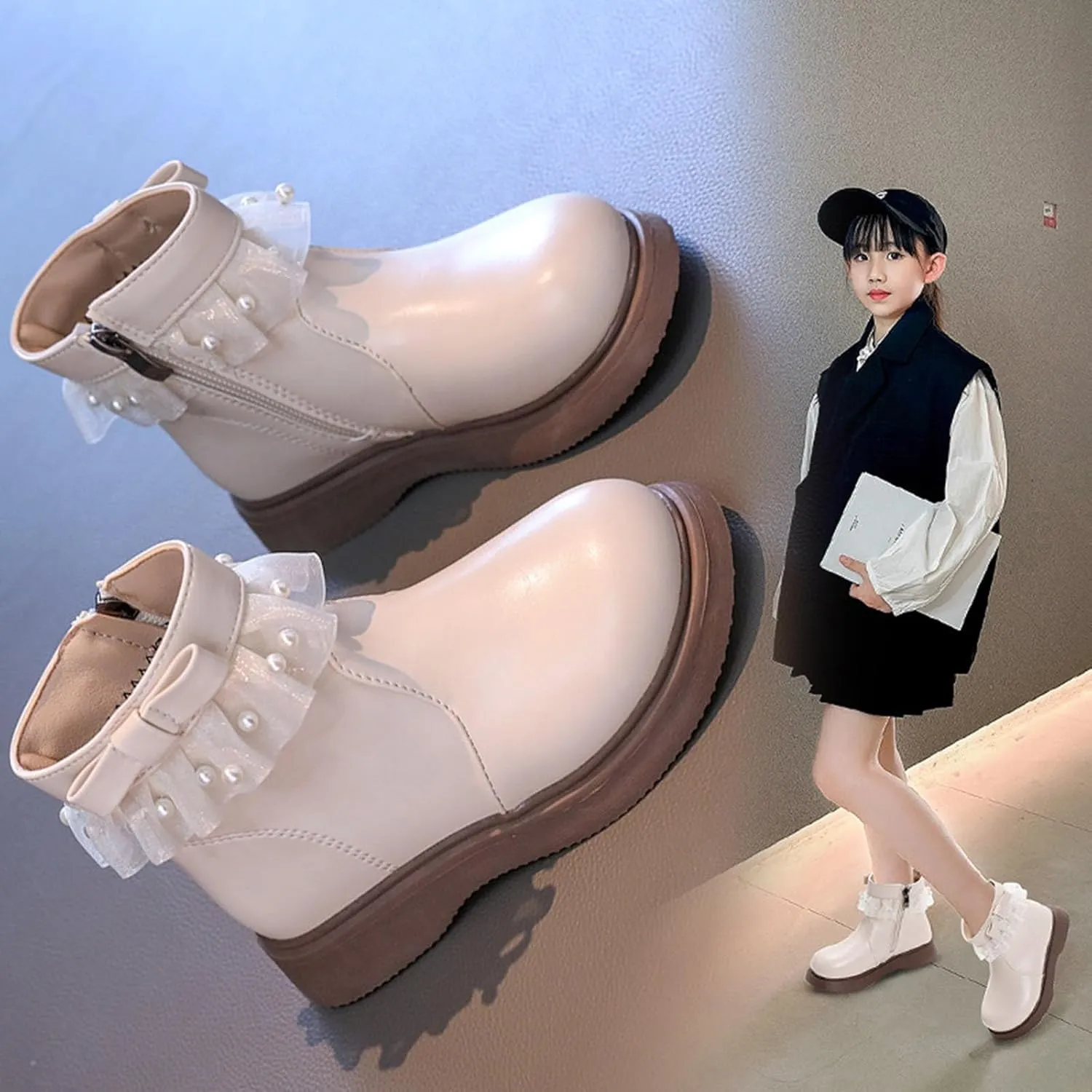 Girl Leather Ankle Boots Side Zipper Low Calf Boots Sort Thick Sole Non Slip Boots Winter Casual Walking Boots
