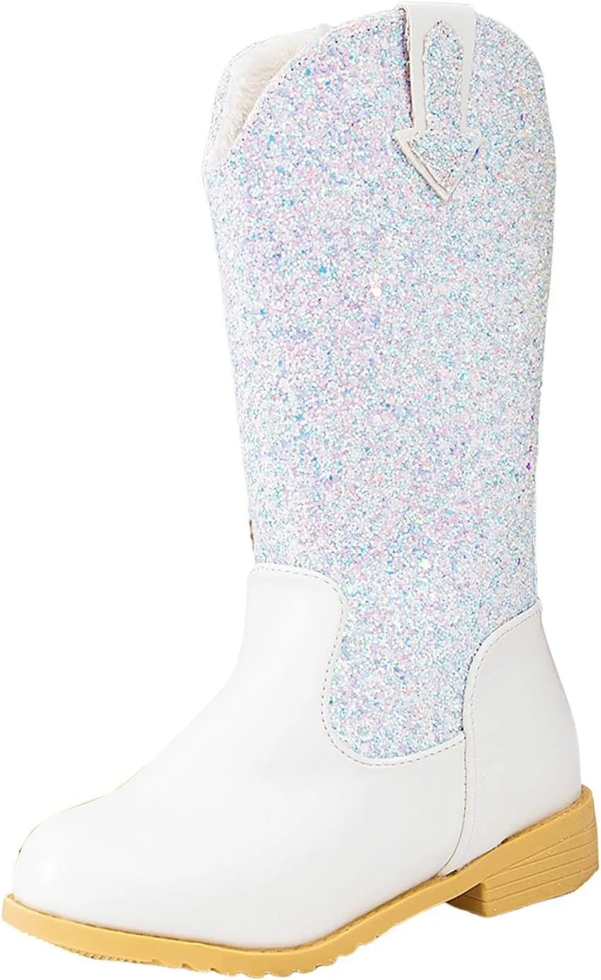 Girls Cowgirl Boots Mid Calf Square Toe Western Boot for Kids Sparkly Glitter Cowboy Boots Toddler Girls Outdoor Shoe