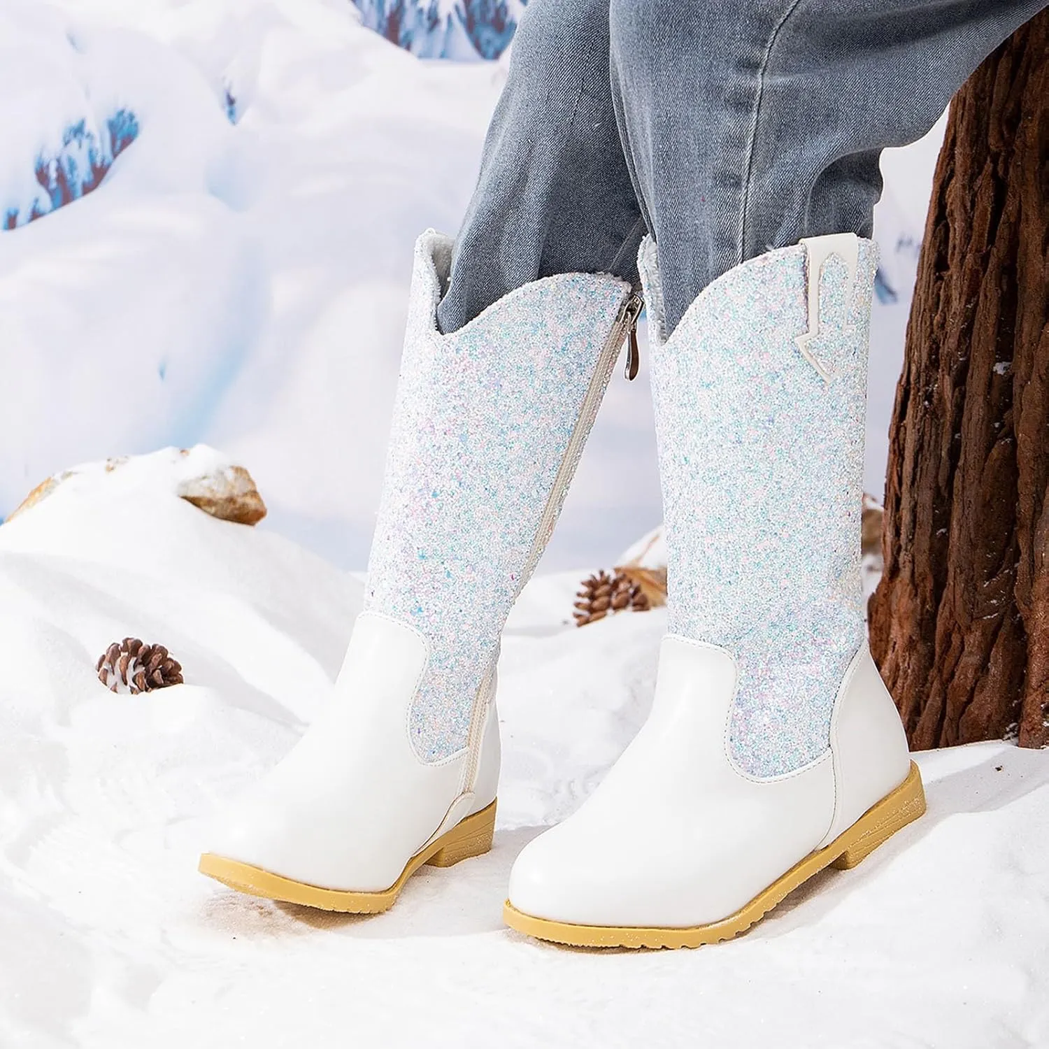 Girls Cowgirl Boots Mid Calf Square Toe Western Boot for Kids Sparkly Glitter Cowboy Boots Toddler Girls Outdoor Shoe