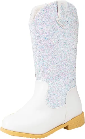 Girls Cowgirl Boots Mid Calf Square Toe Western Boot for Kids Sparkly Glitter Cowboy Boots Toddler Girls Outdoor Shoe