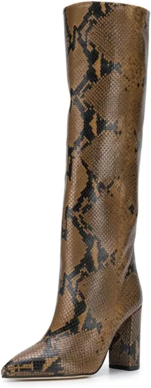 Goolita Women's Knee High Snakeskin Boots Chunky Heel Wide Calf Pull on Long Bootie