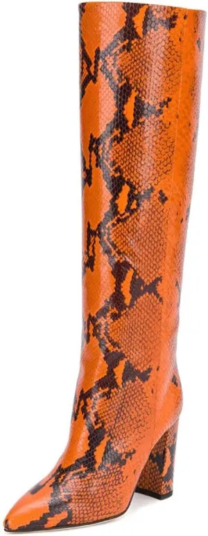 Goolita Women's Knee High Snakeskin Boots Chunky Heel Wide Calf Pull on Long Bootie