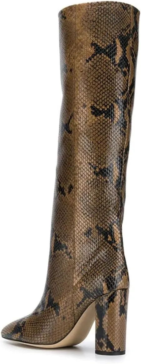 Goolita Women's Knee High Snakeskin Boots Chunky Heel Wide Calf Pull on Long Bootie
