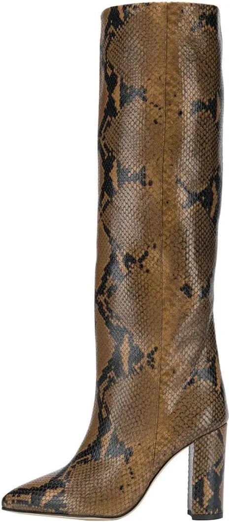 Goolita Women's Knee High Snakeskin Boots Chunky Heel Wide Calf Pull on Long Bootie