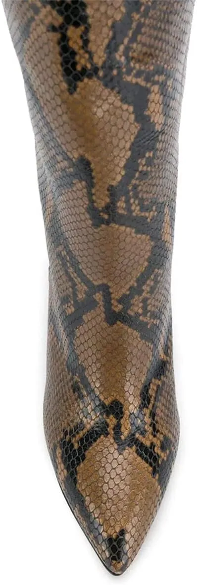 Goolita Women's Knee High Snakeskin Boots Chunky Heel Wide Calf Pull on Long Bootie