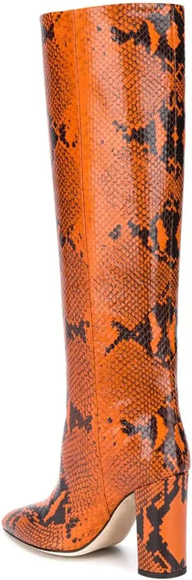 Goolita Women's Knee High Snakeskin Boots Chunky Heel Wide Calf Pull on Long Bootie