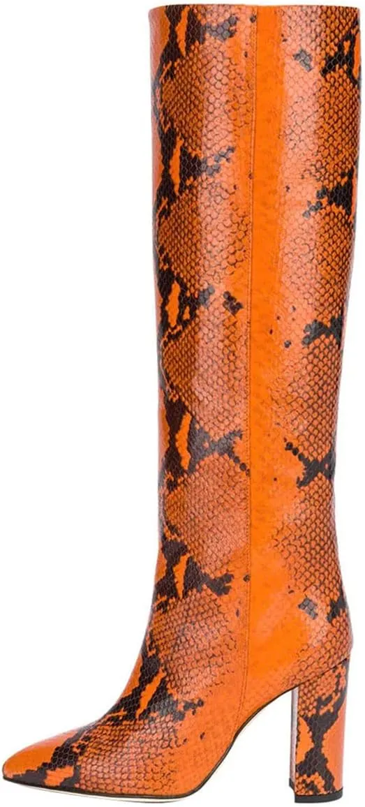 Goolita Women's Knee High Snakeskin Boots Chunky Heel Wide Calf Pull on Long Bootie