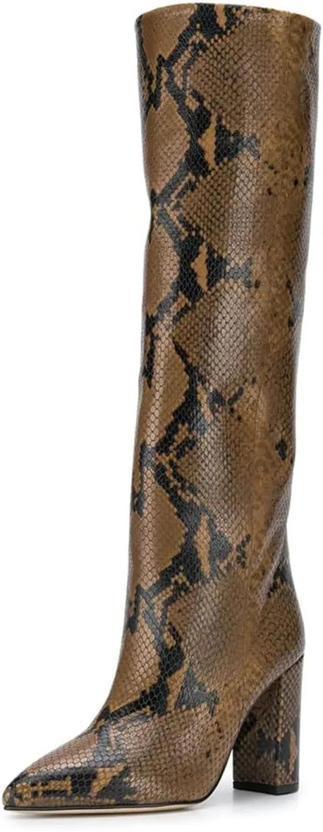 Goolita Women's Knee High Snakeskin Boots Chunky Heel Wide Calf Pull on Long Bootie