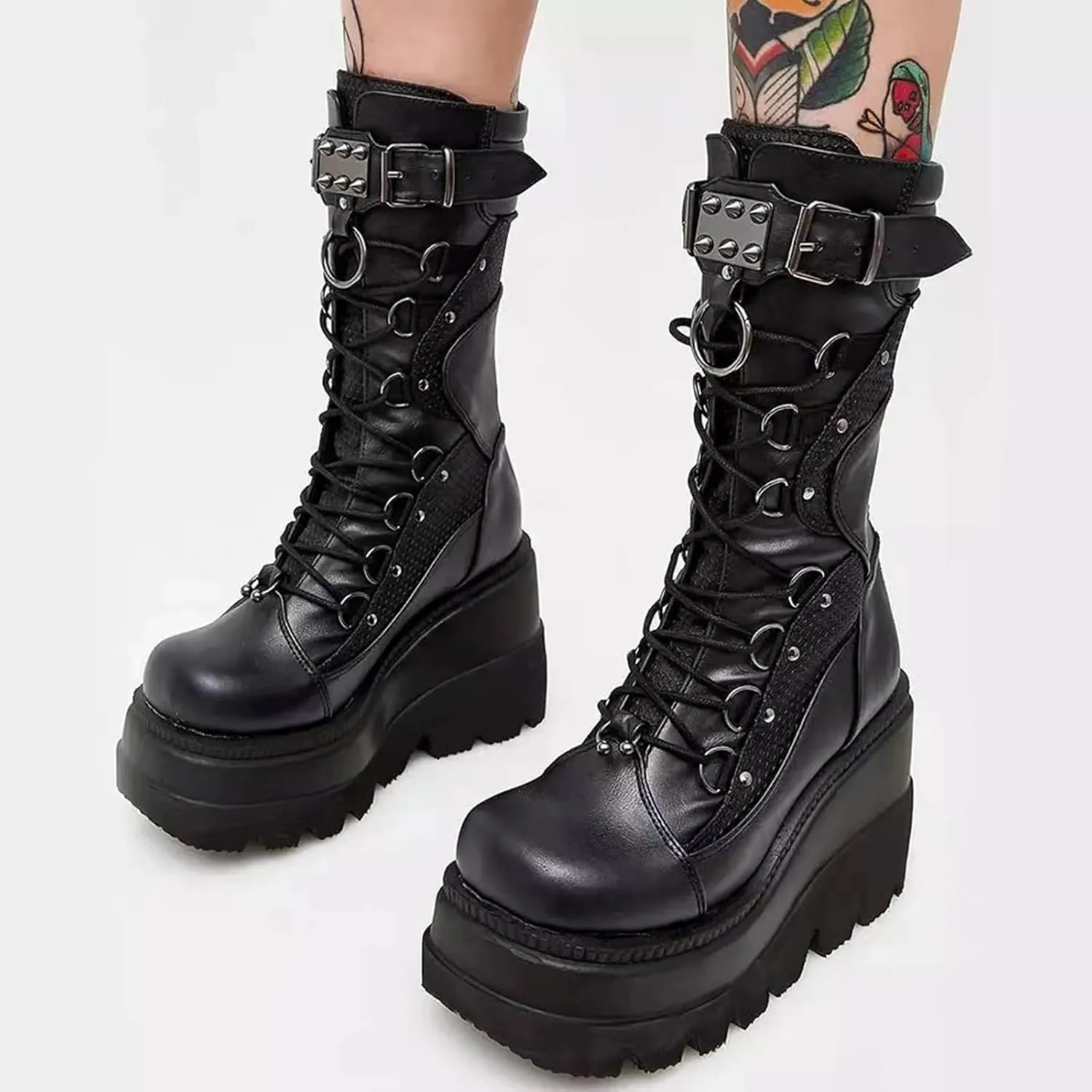HINDOLA Women Platform Punk Goth Mid Calf Boots Chunky High Heel Round-Toe Back-Zip Knee High Motorcycle Booties Combat Boots