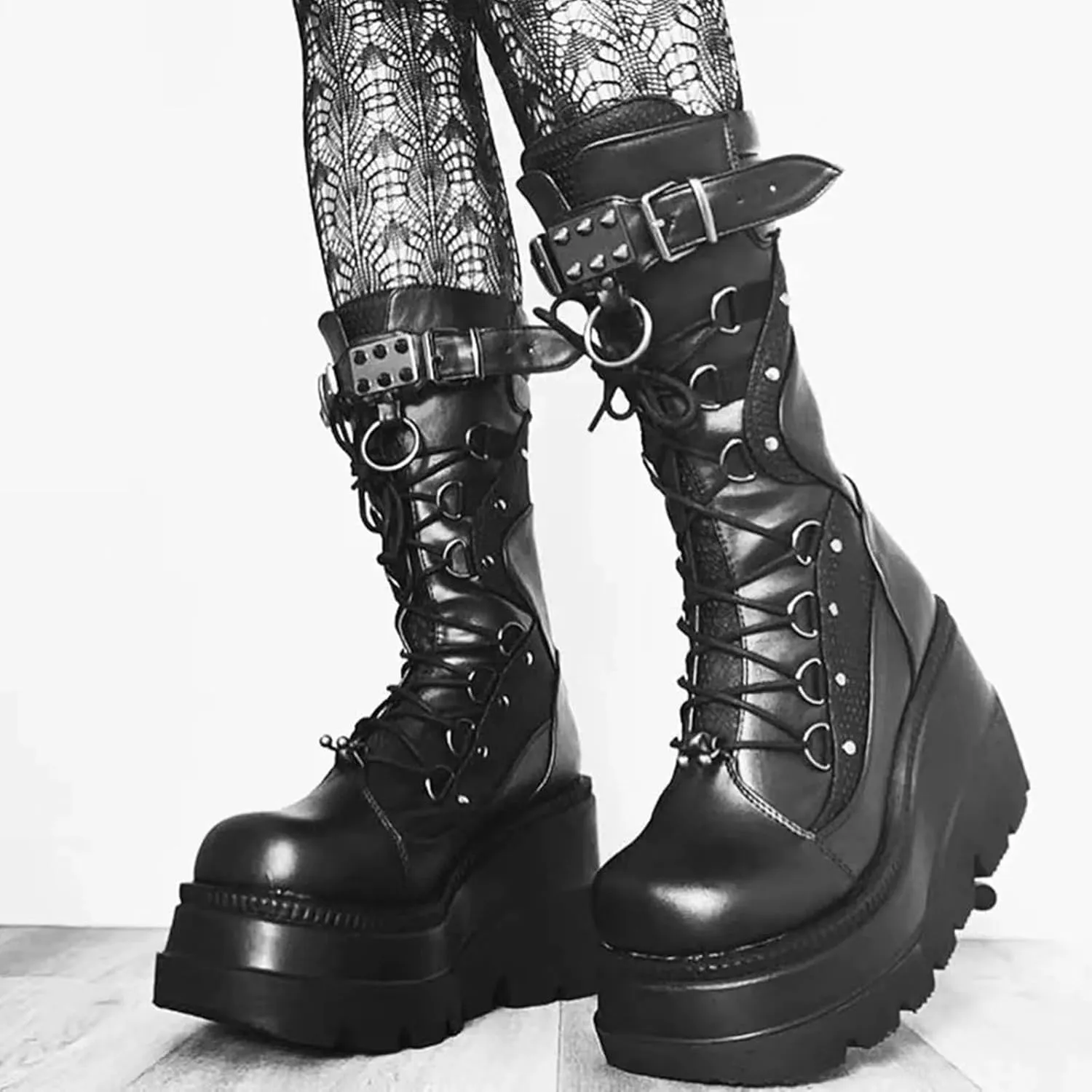 HINDOLA Women Platform Punk Goth Mid Calf Boots Chunky High Heel Round-Toe Back-Zip Knee High Motorcycle Booties Combat Boots