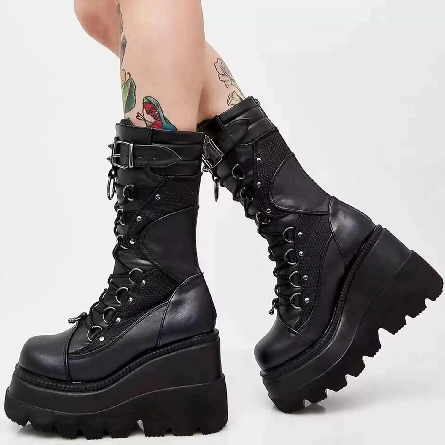 HINDOLA Women Platform Punk Goth Mid Calf Boots Chunky High Heel Round-Toe Back-Zip Knee High Motorcycle Booties Combat Boots