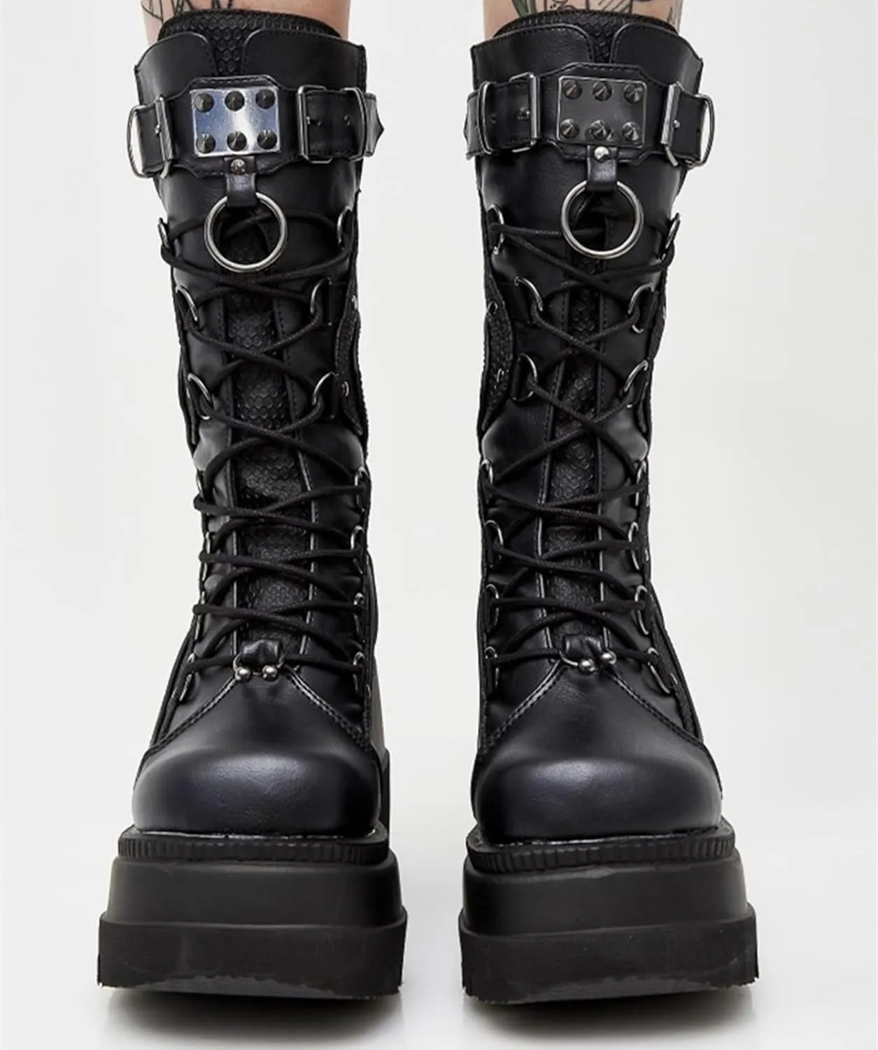 HINDOLA Women Platform Punk Goth Mid Calf Boots Chunky High Heel Round-Toe Back-Zip Knee High Motorcycle Booties Combat Boots