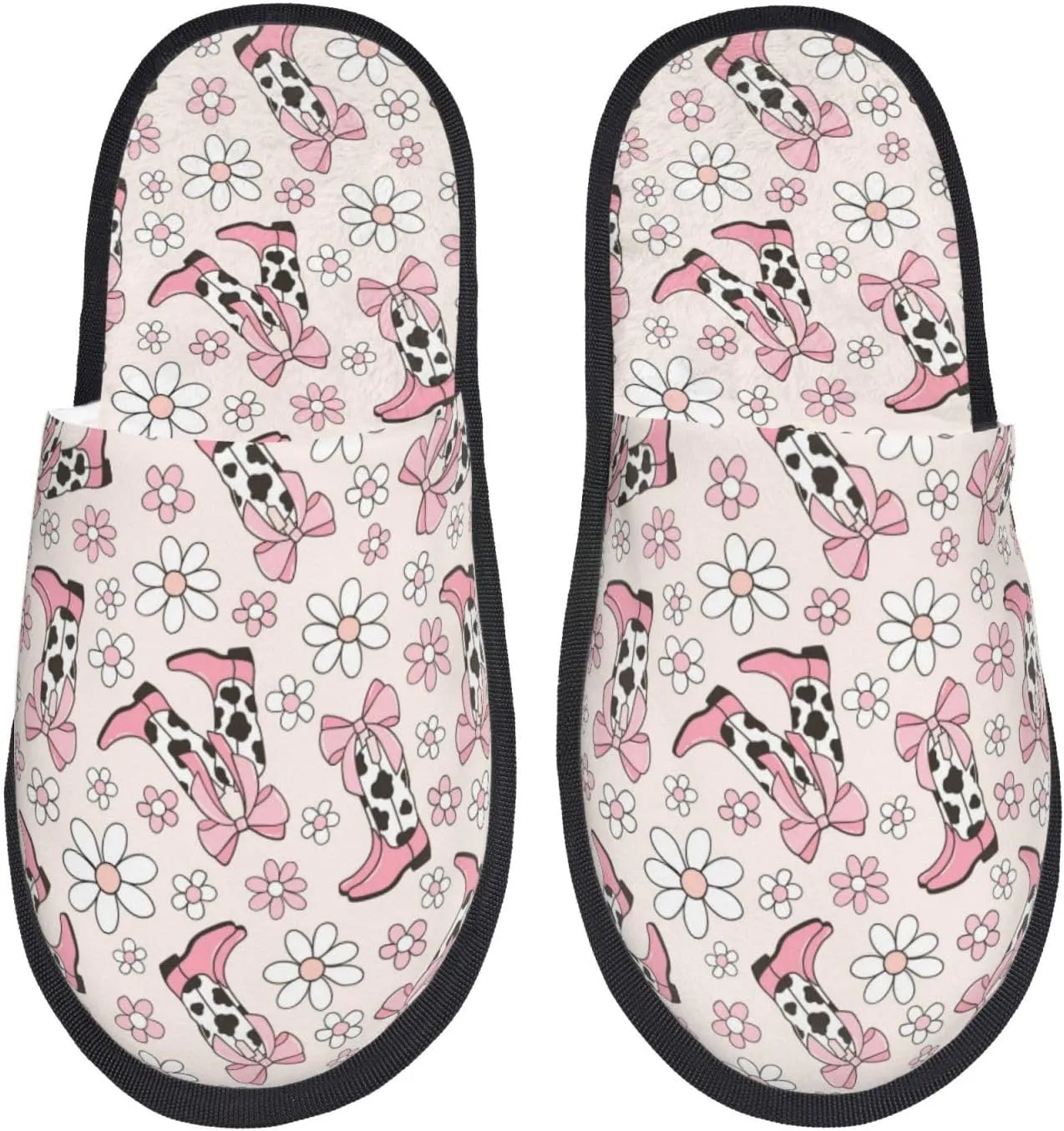 House Slippers for Womens Men - Retro cowgirl boots flower pink Soft House Shoes Fuzzy Slippers, Lightweight Slip-On Cozy House Slippers for Womens Indoor Outdoor