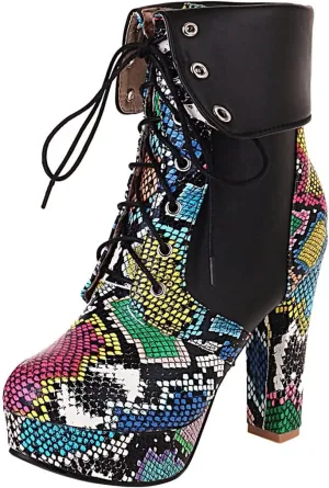 KIKIVIVI Womens Platform Snakeskin Ankle Boots Lace Up Chunky High Heel Booties