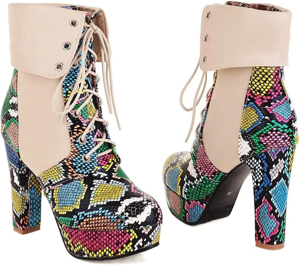 KIKIVIVI Womens Platform Snakeskin Ankle Boots Lace Up Chunky High Heel Booties