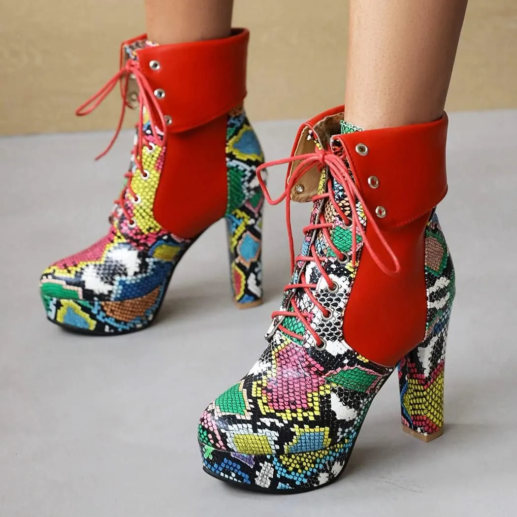 KIKIVIVI Womens Platform Snakeskin Ankle Boots Lace Up Chunky High Heel Booties