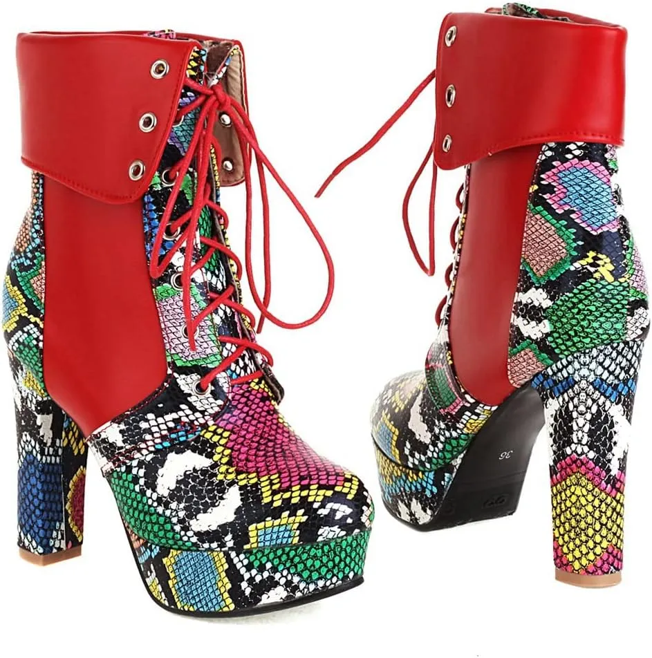 KIKIVIVI Womens Platform Snakeskin Ankle Boots Lace Up Chunky High Heel Booties