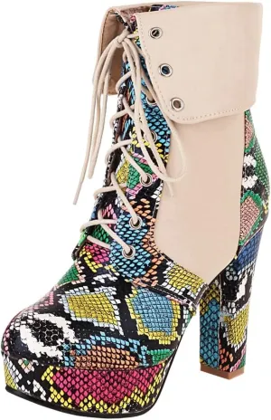 KIKIVIVI Womens Platform Snakeskin Ankle Boots Lace Up Chunky High Heel Booties