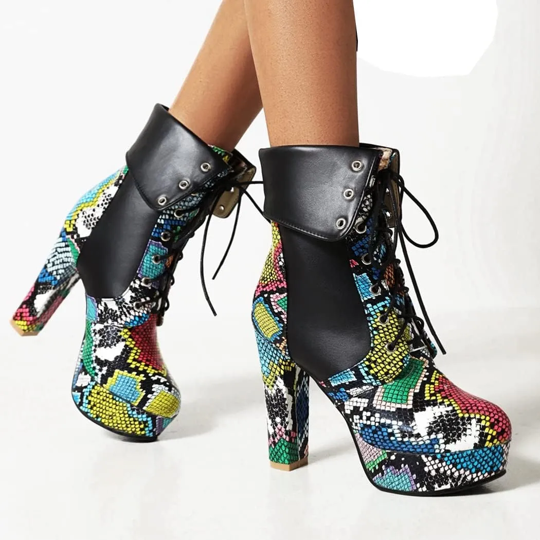 KIKIVIVI Womens Platform Snakeskin Ankle Boots Lace Up Chunky High Heel Booties
